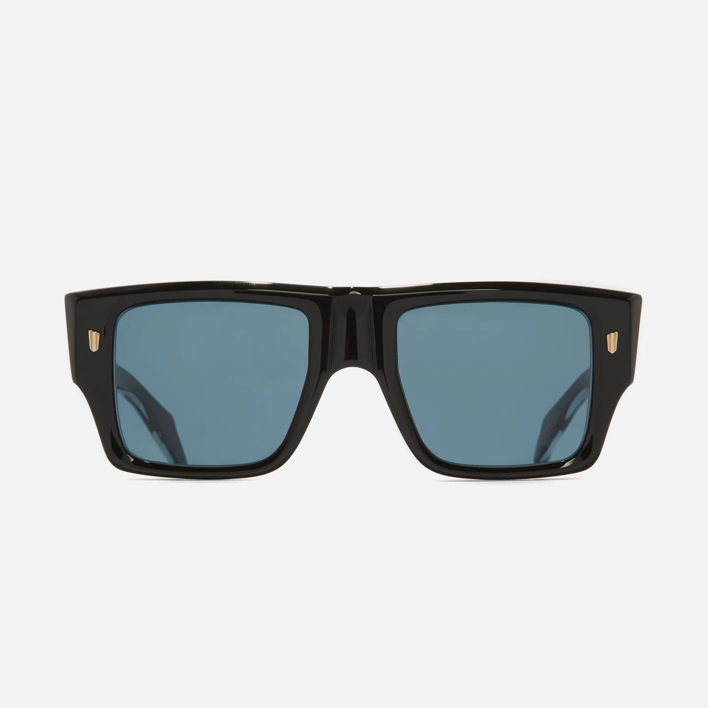 Black sunglasses with blue lenses on a light gray background