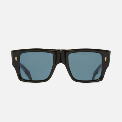 Black sunglasses with blue lenses on a light gray background