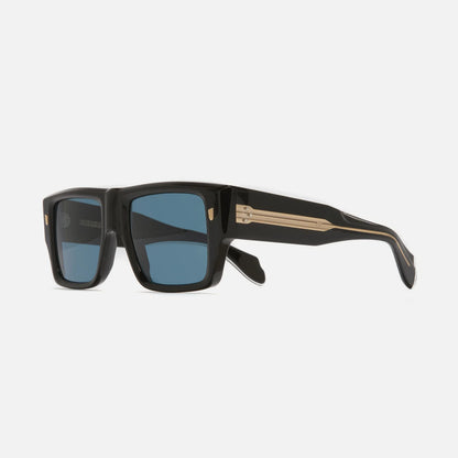 Black sunglasses with gold accents on a white background